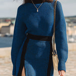 ElevenOra Stylish Color-blocked Line High Collar Slim Hem Slit Long Sleeve Knitted Mini Dress