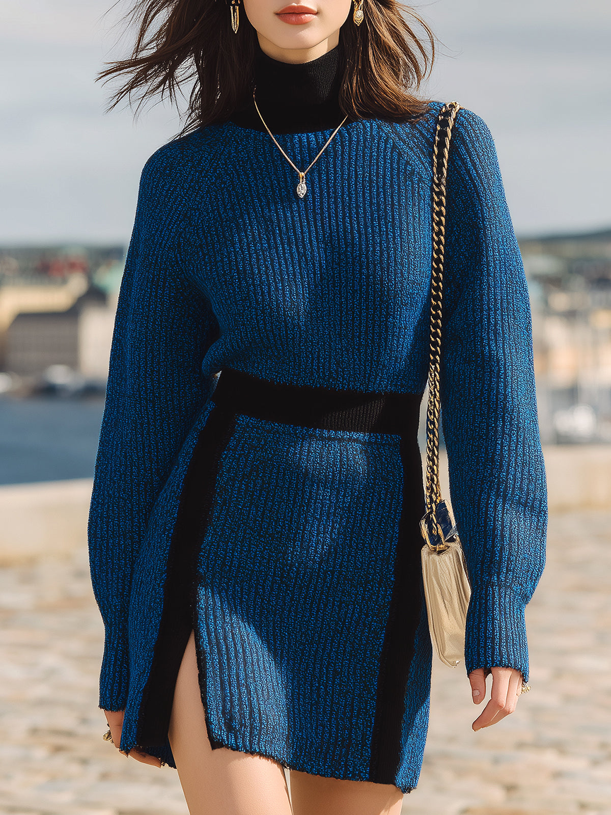 ElevenOra Stylish Color-blocked Line High Collar Slim Hem Slit Long Sleeve Knitted Mini Dress