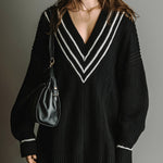 ElevenOra Stylish Deep V-Neck Contrast Stripes Oversized Long Sleeve Knit Mini Dress
