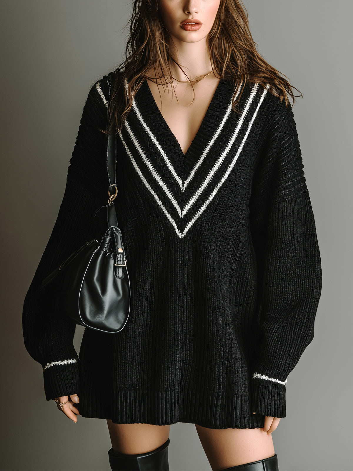 ElevenOra Stylish Deep V-Neck Contrast Stripes Oversized Long Sleeve Knit Mini Dress