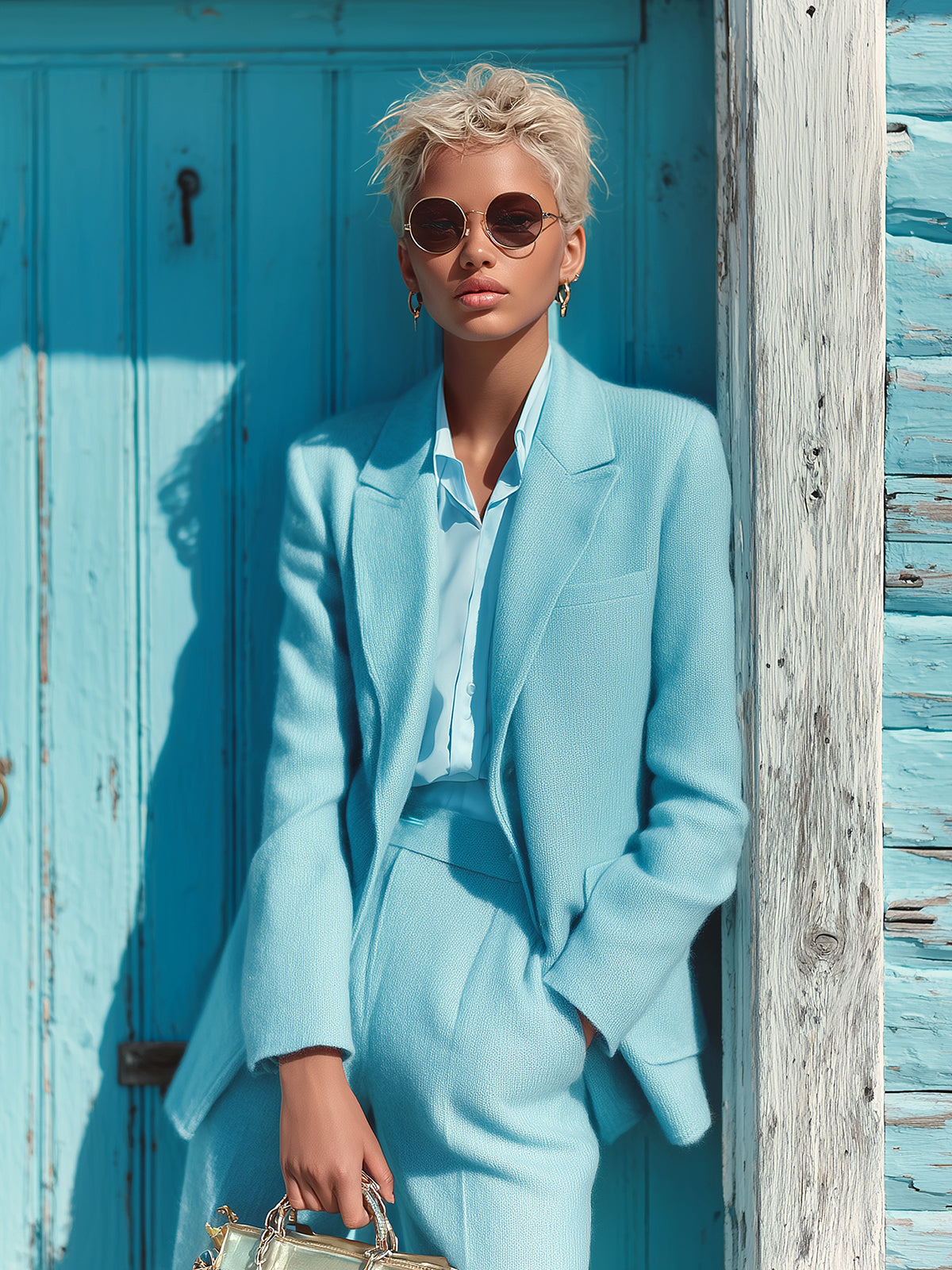 ElevenOra Chic Vintage Blue Single-breasted Patch Pockets Oversized Knit Blazer