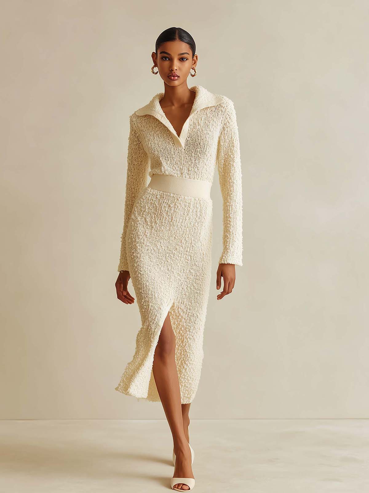 ElevenOra Chic Off-White V-neck Long Sleeve Slim-fit Front-Slit Knit Midi Dress