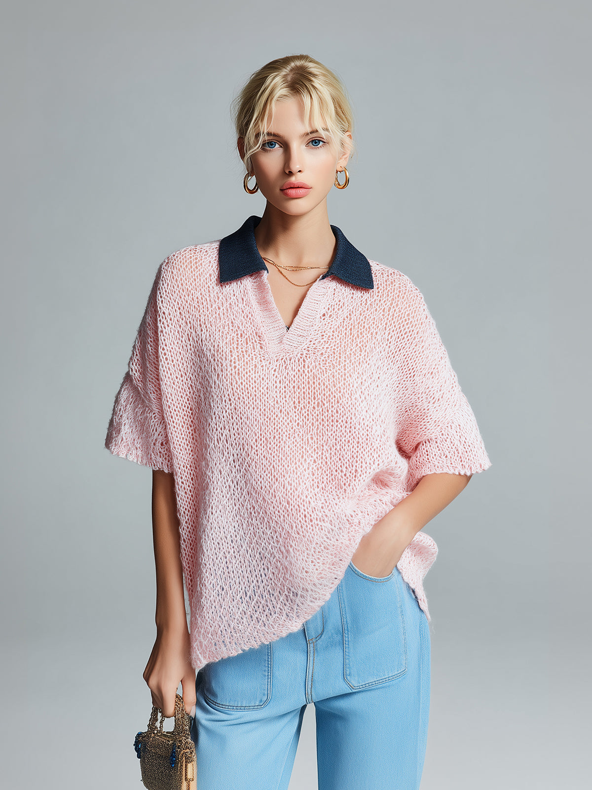 ElevenOra Chic Casual Pink Colorblock Lapel Collar Button-Up Short-Sleeve Loose-Fit Knit Sweater