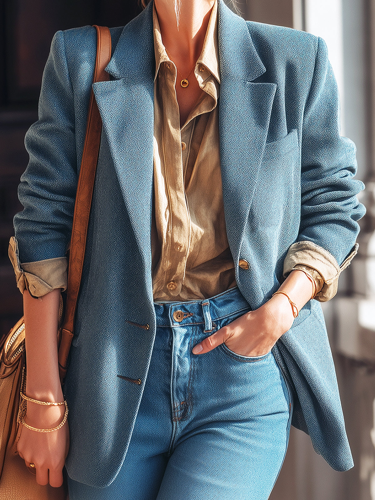 ElevenOra Casual Office Blue Herringbone Wool Blend Notch Lapel Single-Breasted Oversized Blazer