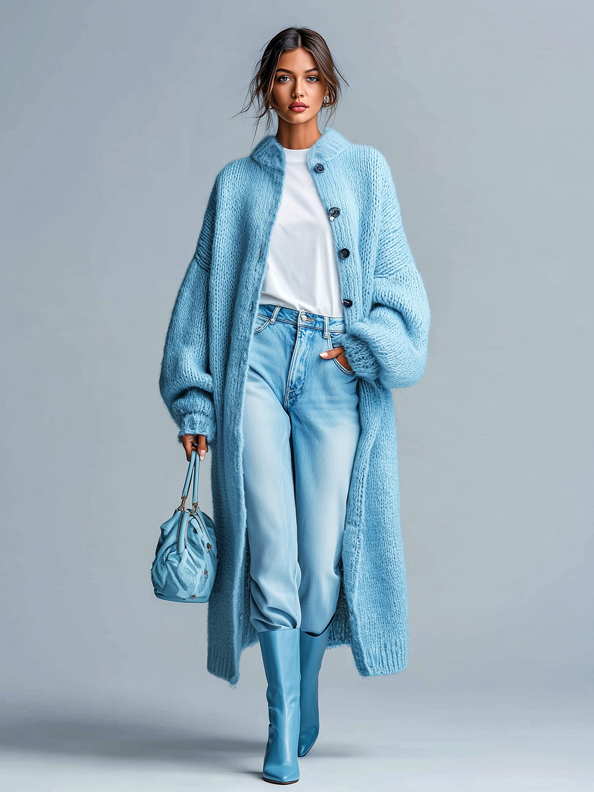 ElevenOra Chic Casual Light Blue Lapel Single-Breasted Lantern Sleeve Maxi-Length Slouchy Knit Cardigan