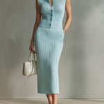 ElevenOra Chic Elegant Blue Stand Collar V-Neck Single-Breasted Slim-Fit Vest Top Bodycon Midi Skirt Ribbed Knit Two-Piece Set