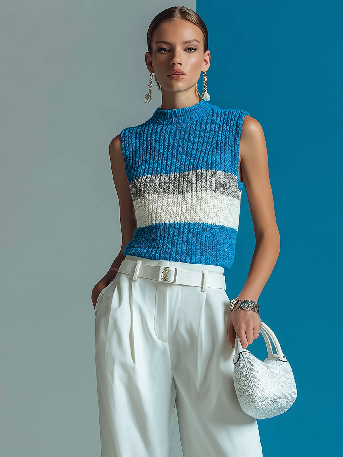 ElevenOra Fashion Casual Blue High-Neck Striped Jacquard Loose Sleeveless Knit Vest