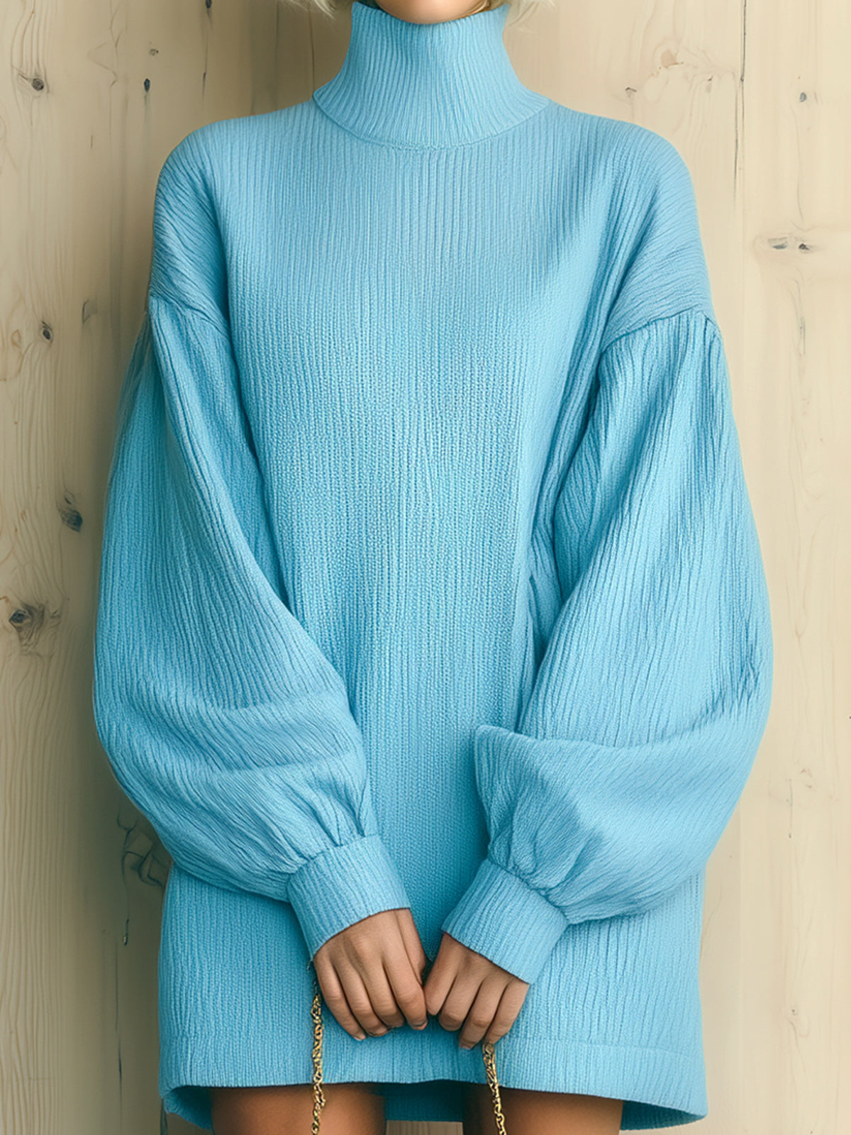 ElevenOra Chic Casual Baby Blue Pleated Textured Cotton Blend Turtleneck Lantern Sleeve Oversized Mini Dress