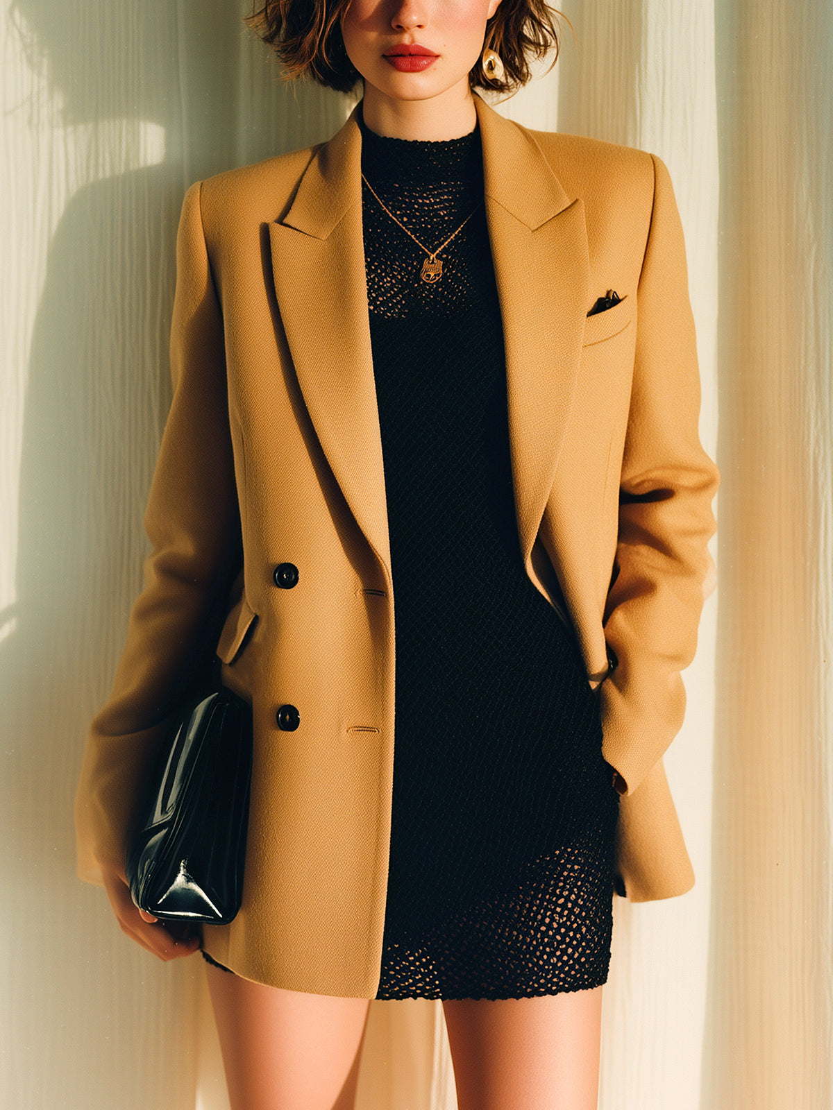 ElevenOra Chic Vintage Khaki Peaked Collar Double-Breasted Padded Shoulder Flap Pocket Blazer