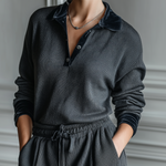 ElevenOra Chic Casual Dark Grey Polo Collar Botton Velvet Loose Long-sleeved Knit Pullover Sweater