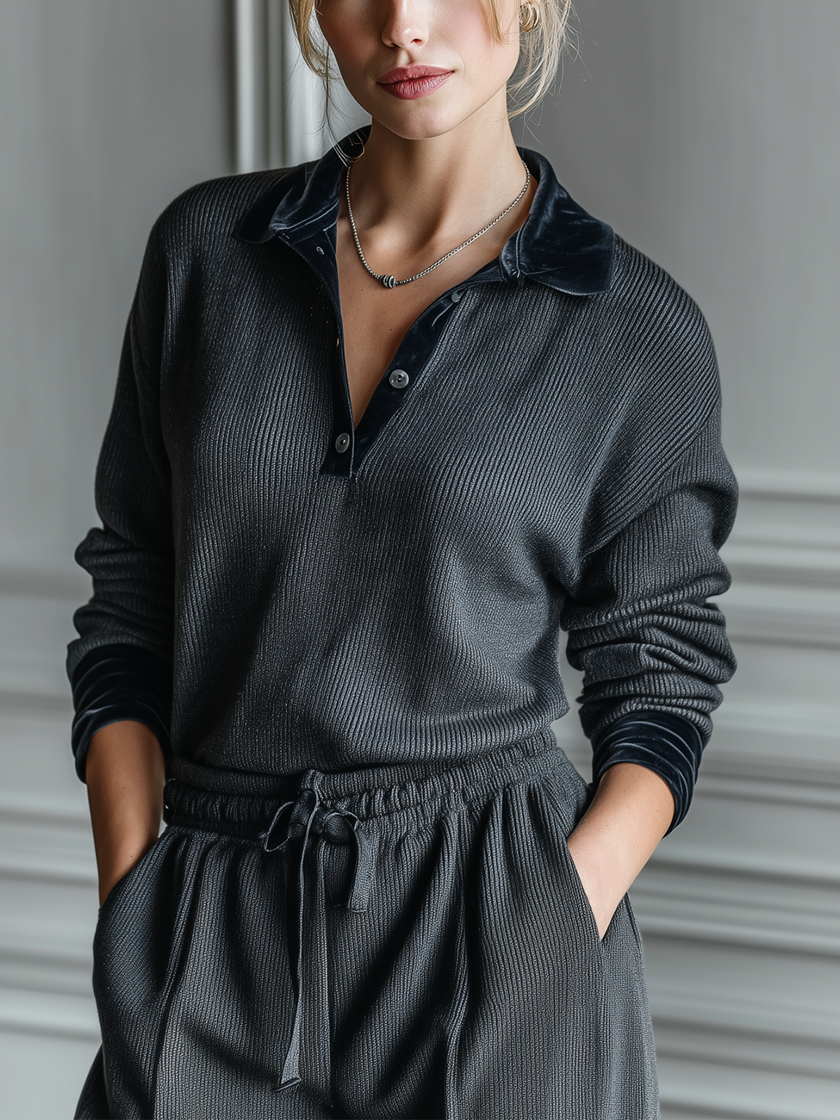 ElevenOra Chic Casual Dark Grey Polo Collar Botton Velvet Loose Long-sleeved Knit Pullover Sweater