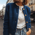 ElevenOra Chic Casual Dark Blue Crew Neck Gold Button Cropped Knit Cardigan