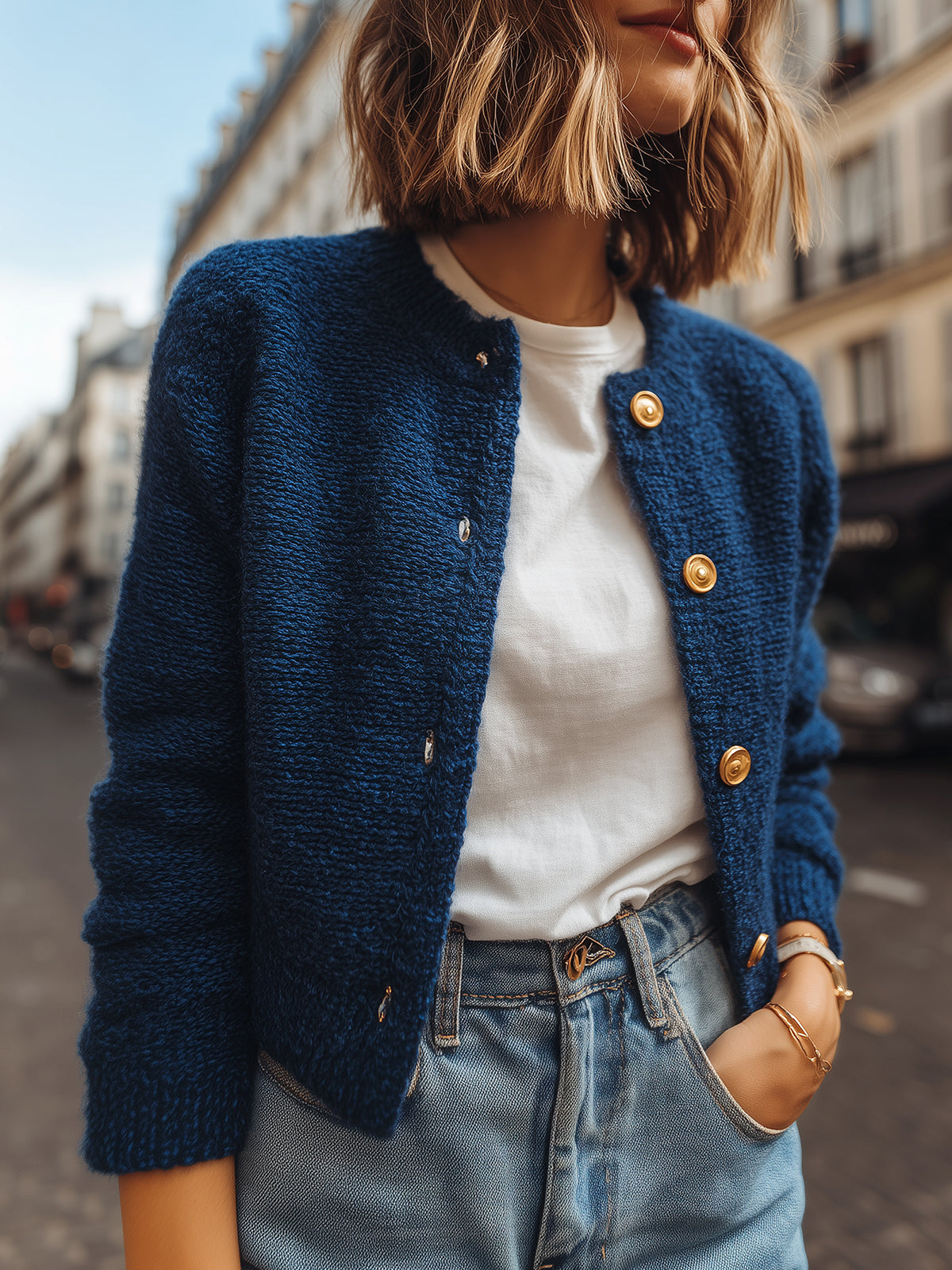 ElevenOra Chic Casual Dark Blue Crew Neck Gold Button Cropped Knit Cardigan