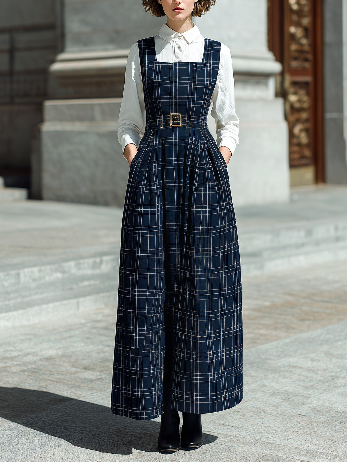 ElevenOra Chic Vintage Navy Cotton Blend Plaid Square Collar Tailored Waist Belt Pinafore Maxi Dress