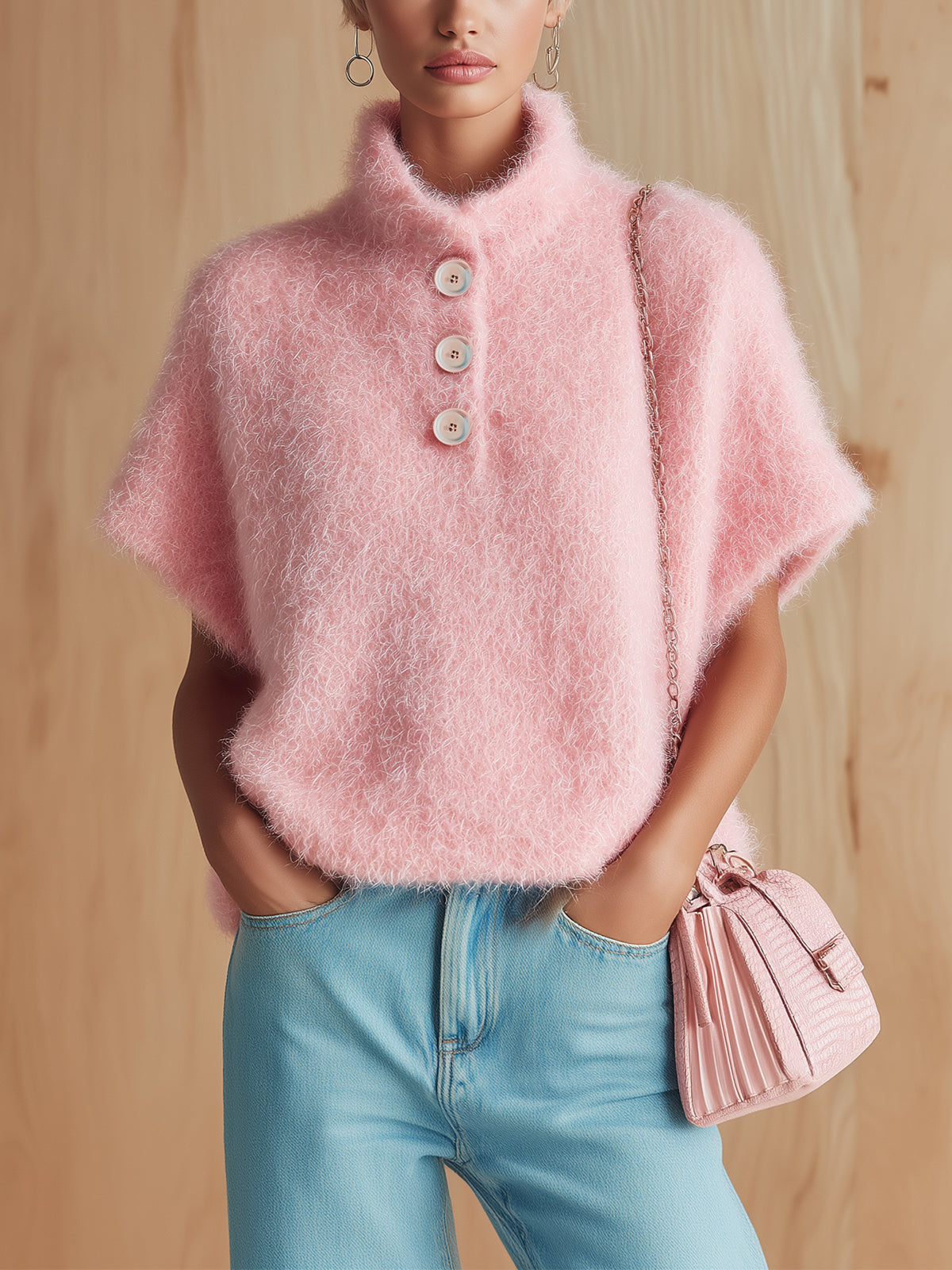 ElevenOra Chic Vintage Pink Stand Collar Button-Front Short-Sleeve Fuzzy Knit Sweater Top