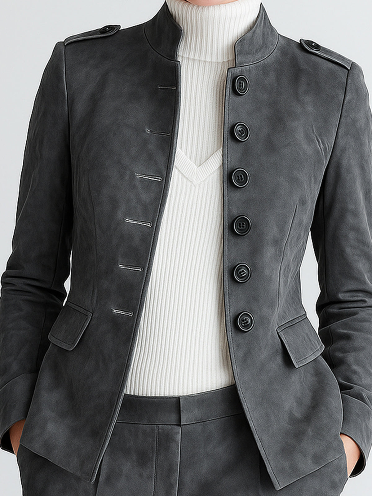 ElevenOra Sophisticated Office Faux Suede Stand Collar Button-Front Epaulet Slim-Fit Blazer