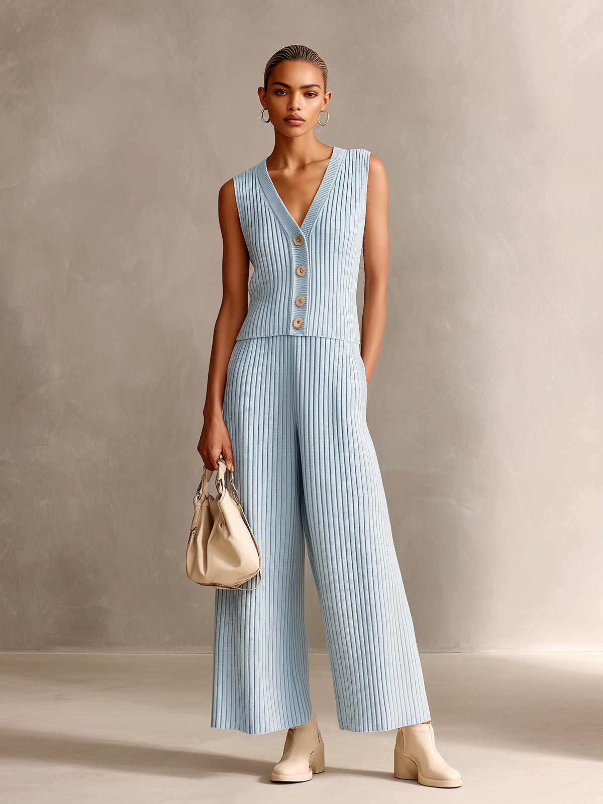 ElevenOra Chic Elegant Light Blue V-Neck Single-Breasted Slim-Fit Vest And Elastic Waist Wide-Leg Pants Ribbed Knit Two-Piece Set