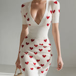 ElevenOra Chic Elegant Cream White Heart Jacquard Deep V-Neck Short-Sleeve Slim-Fit Ribbed Knit Bodycon Mini Dress