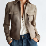 ElevenOra Casual Khaki Herringbone Wool Blend Lapel Zip-Up Double Pocket Short Sophisticated Jacket