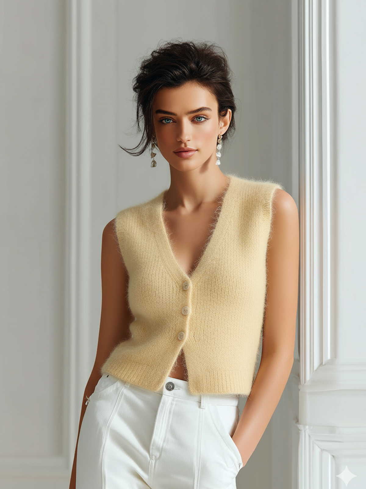 ElevenOra Chic Casual V-Neck Single-Breasted Sleeveless Fit Fuzzy Mohair Knit Vest