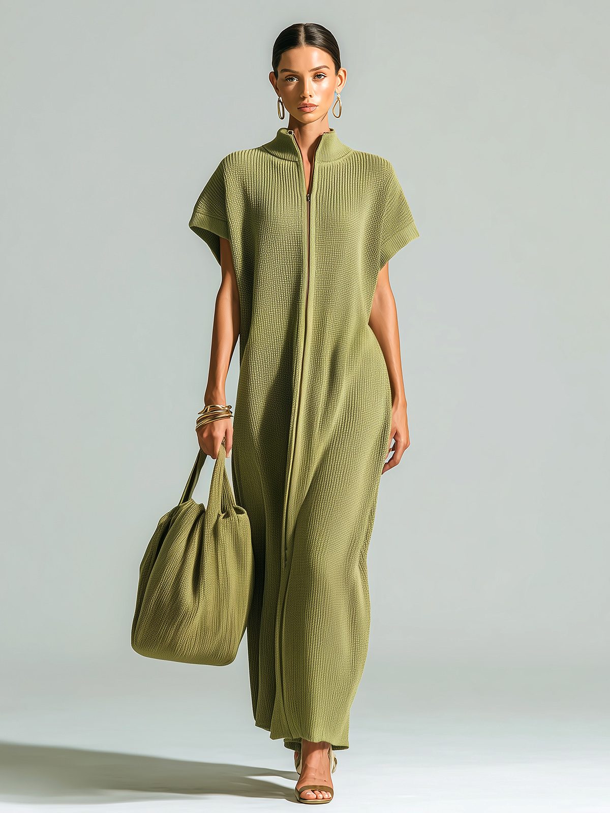 ElevenOra Stylish Elegant Olive Green Stand-Collar Zipper-Front Drop Shoulder Sleeveless Loose-Fit Ribbed Knit Maxi Dress