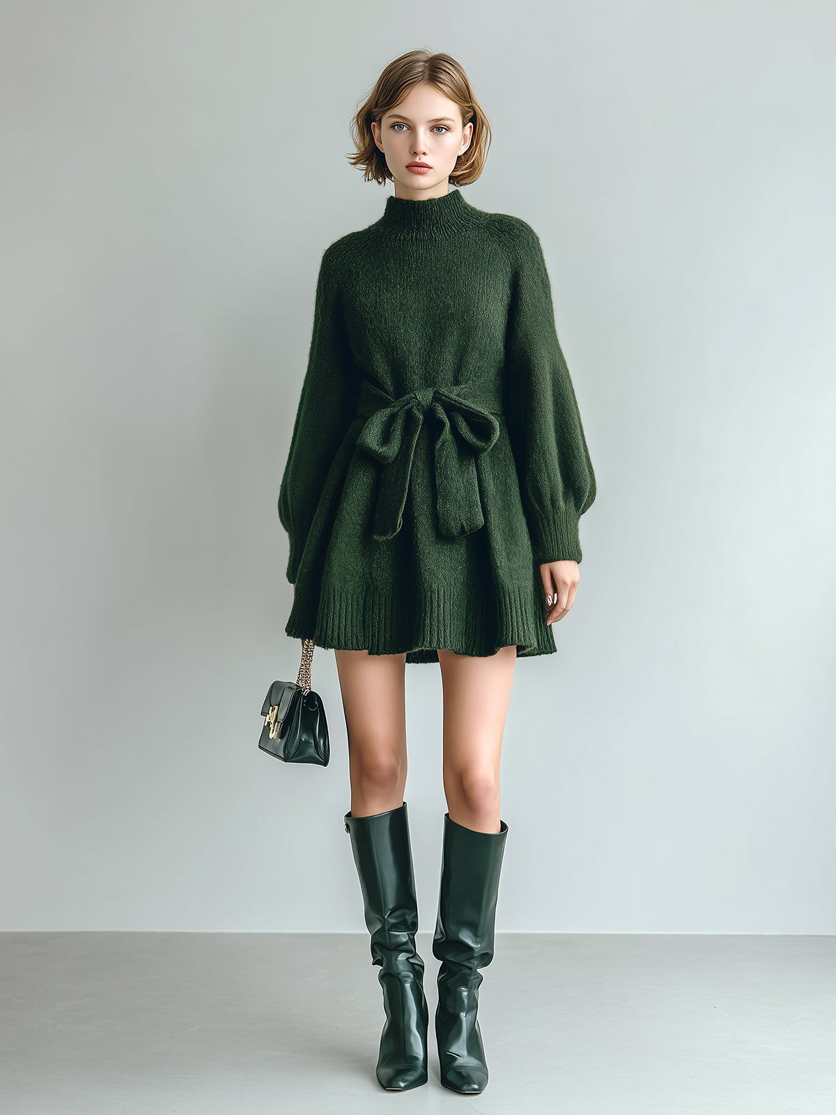 ElevenOra Chic Vintage Dark Green Mock Neck Long Sleeve Flared Ribbed Hem Tie Waist Oversized Knit Mini Dress