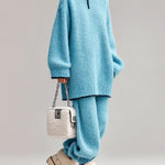 ElevenOra Chic Casual Baby Blue Fuzzy Half-Zip Mock Neck Contrast Trim Long-Sleeve Sweater Cuffed Pants Oversized Knit Two-Piece Set