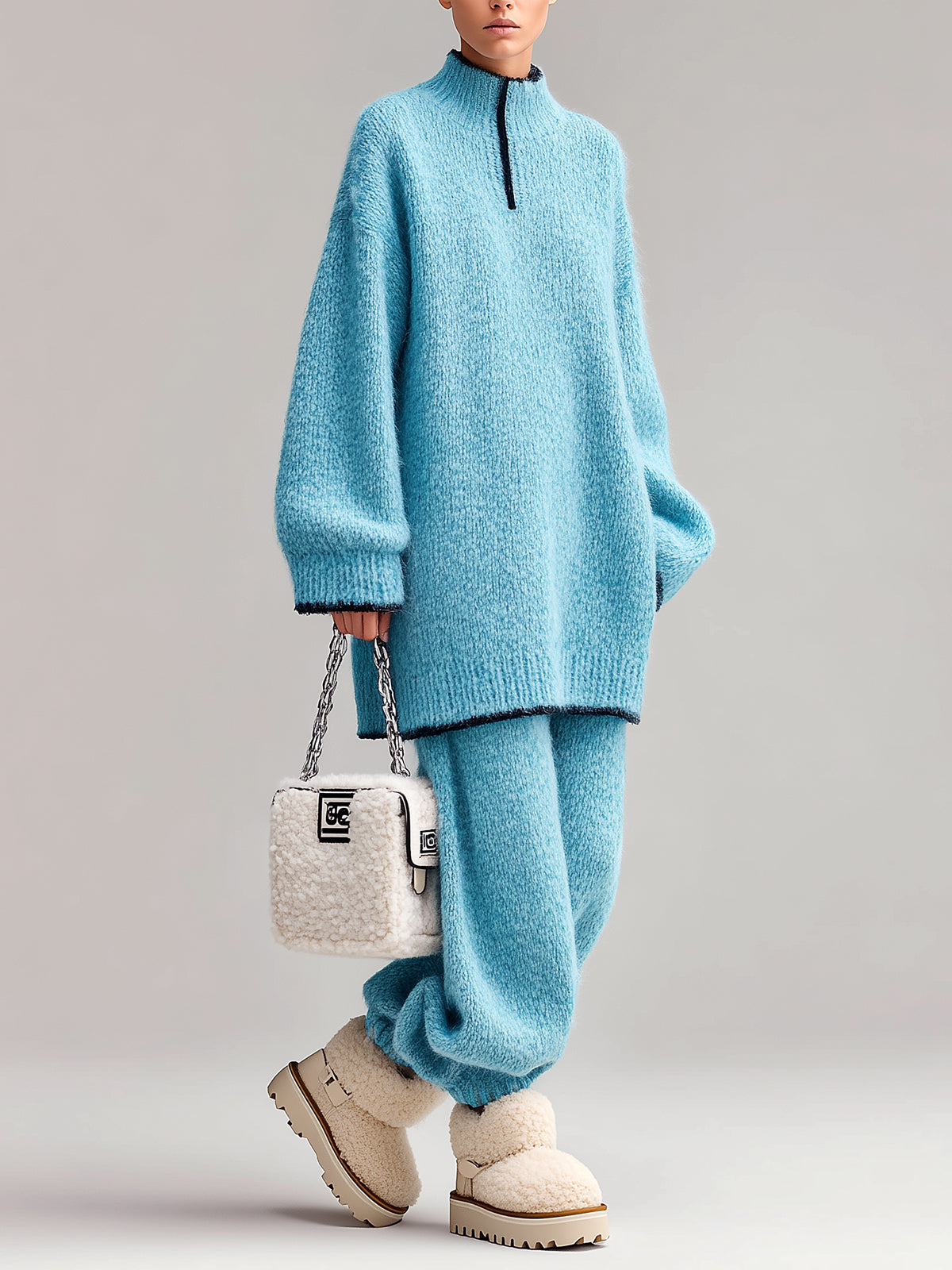 ElevenOra Chic Casual Baby Blue Fuzzy Half-Zip Mock Neck Contrast Trim Long-Sleeve Sweater Cuffed Pants Oversized Knit Two-Piece Set