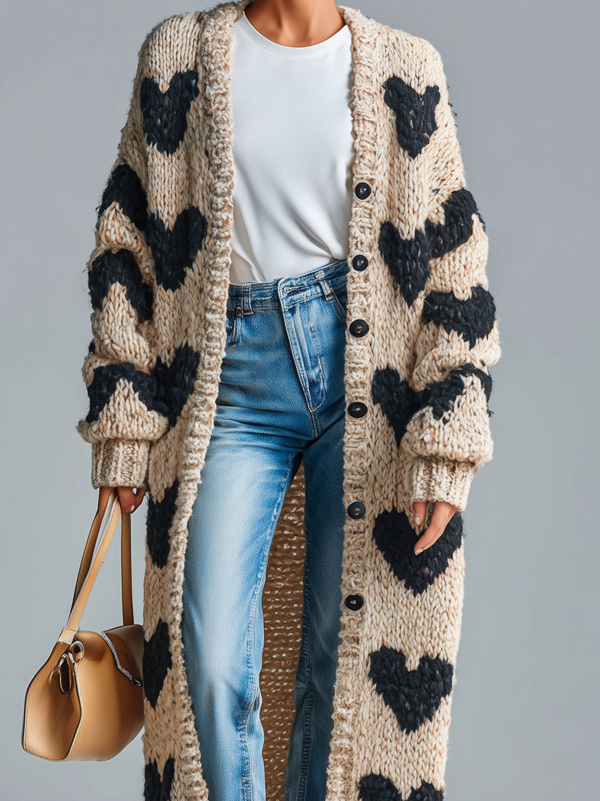 ElevenOra Chic Vintage Beige-Black Heart Jacquard Relaxed Fit Single-Breasted Long Sleeve Knit Long Cardigan