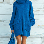 ElevenOra Chic Elegant Royal Blue Faux Suede Oversized Turtleneck Long Lantern Sleeve Patch Pocket Mini Dress