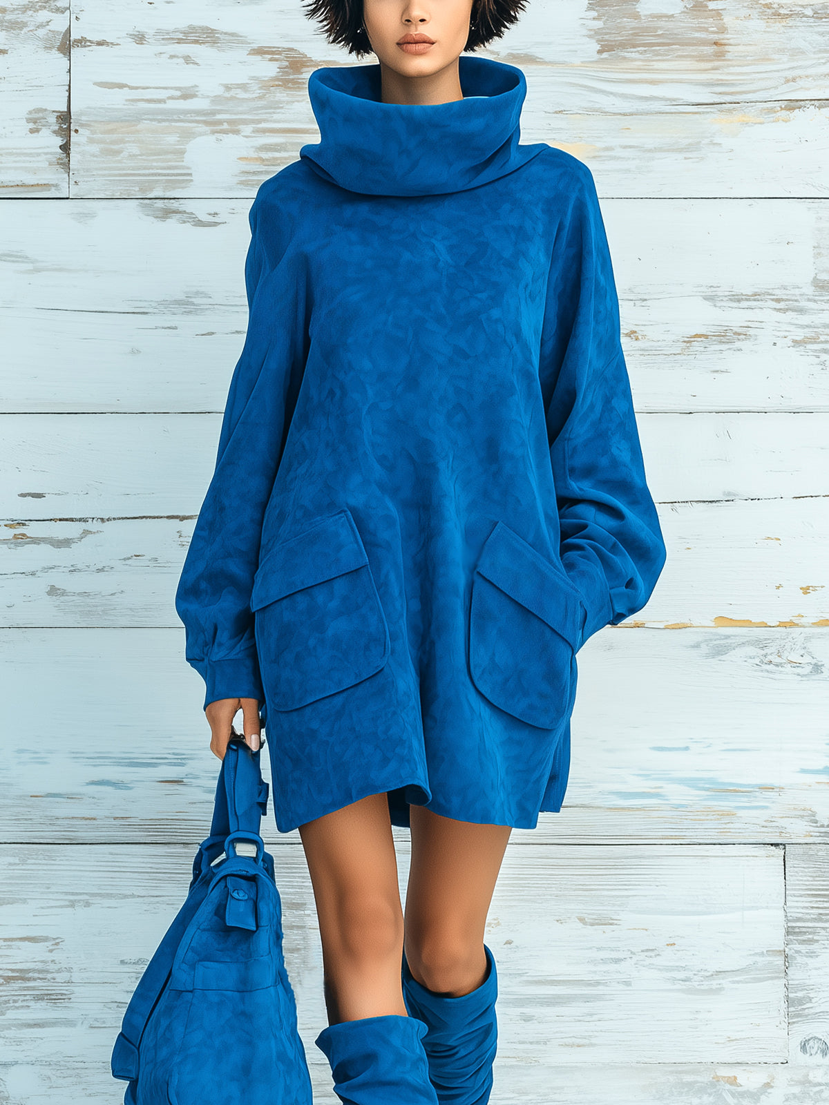 ElevenOra Chic Elegant Royal Blue Faux Suede Oversized Turtleneck Long Lantern Sleeve Patch Pocket Mini Dress