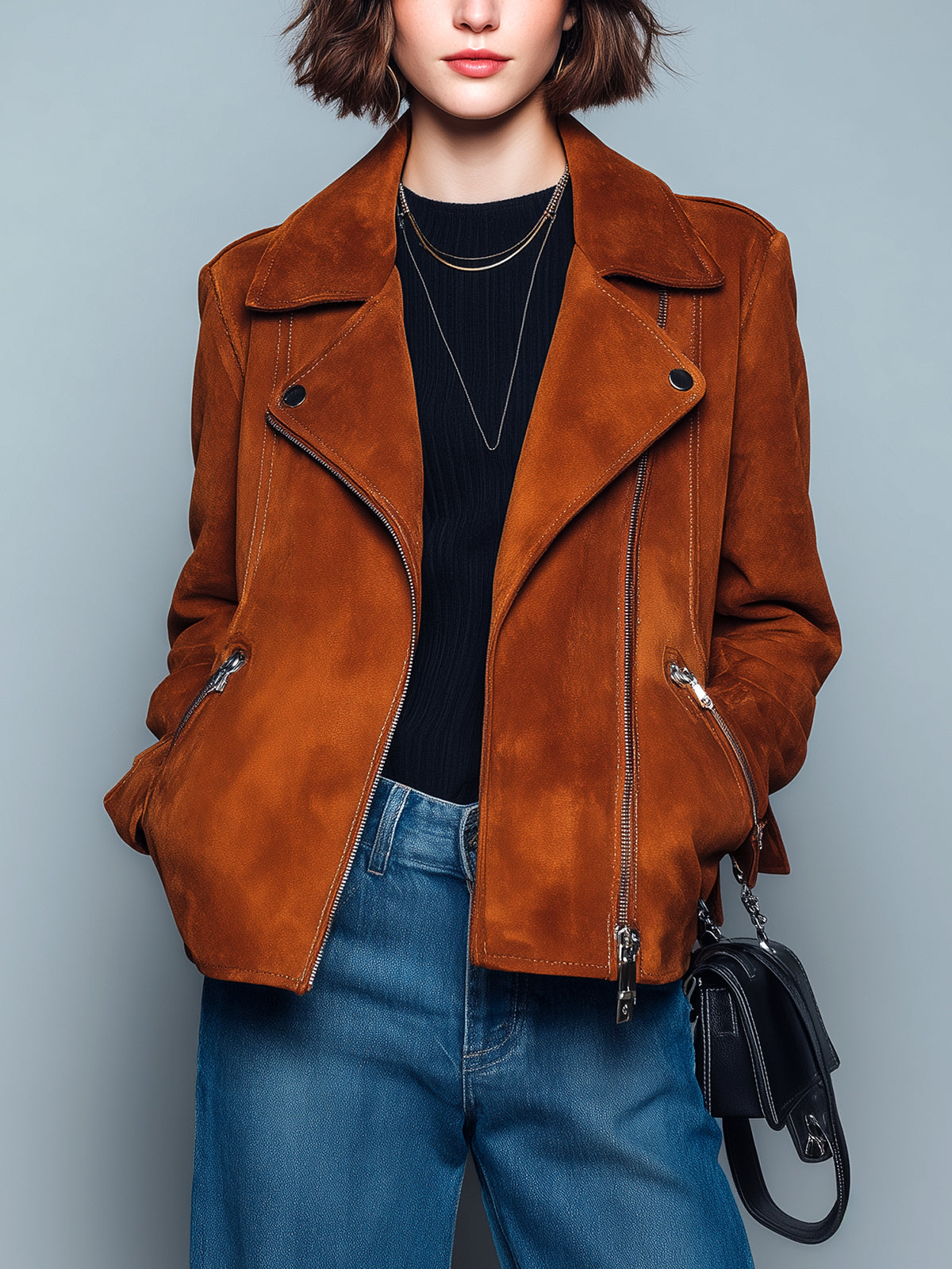 ElevenOra Chic Vintage Caramel Brown Faux Suede Lapel Zipper-Front Biker Style Cropped Jacket