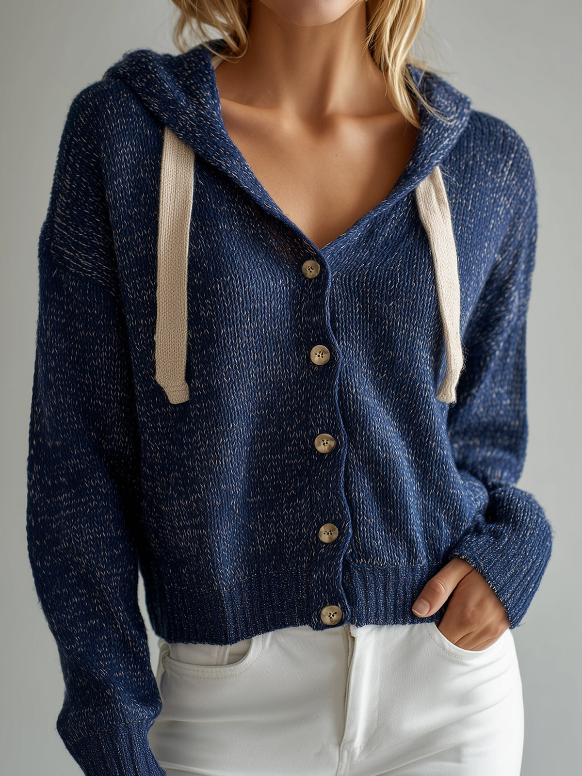 ElevenOra Casual Chic Navy Hooded Single-Breasted Cropped Knitted Cardigan