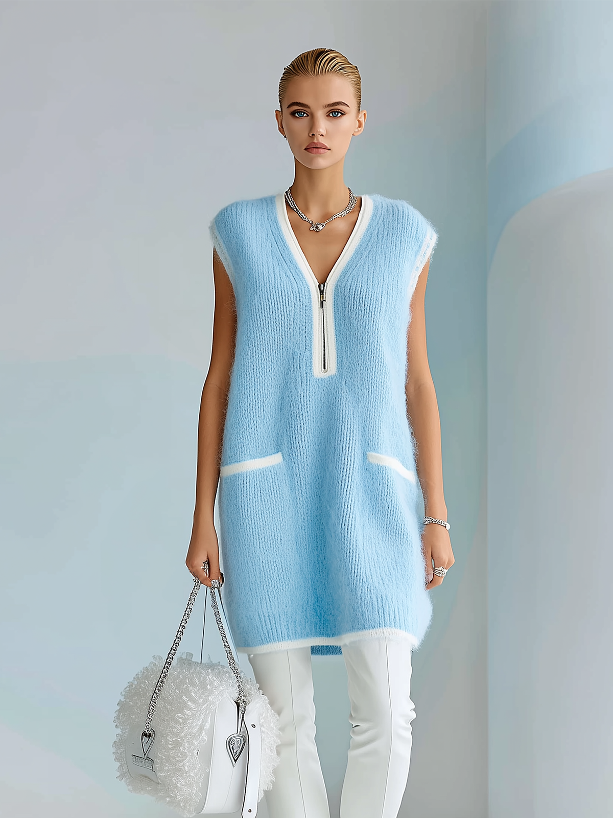 ElevenOra Chic Casual Blue Zip-Up V-Collar Sleeveless Contrast Trim Details Oversized Knit Mini Dress