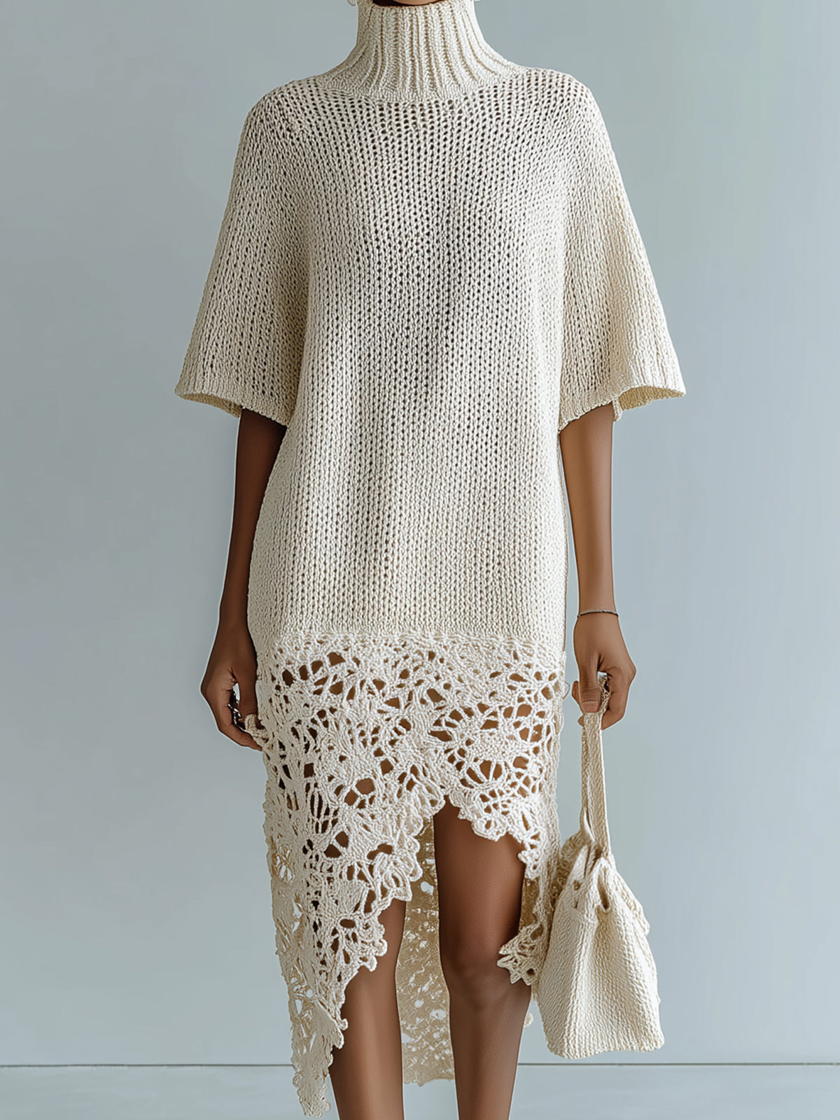 ElevenOra Chic Elegant Beige Turtle Neck Short-Sleeve Patchwork Irregular Lace Hem Relaxed-Fit Knit Midi Dress