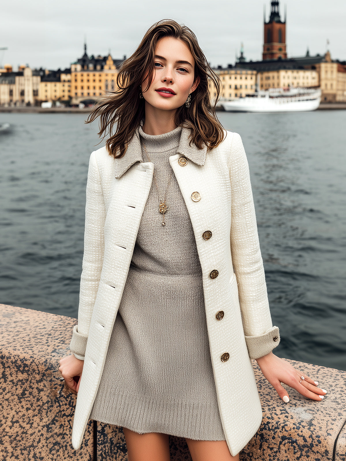 ElevenOra Vintage Elegant Contrast Stitching Tweed Lapel Single-Breasted Slim Mid-Length Coat