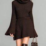 ElevenOra Chic Casual Coffee Turtleneck Flare Sleeve Tailored Waist Knit Mini Dress