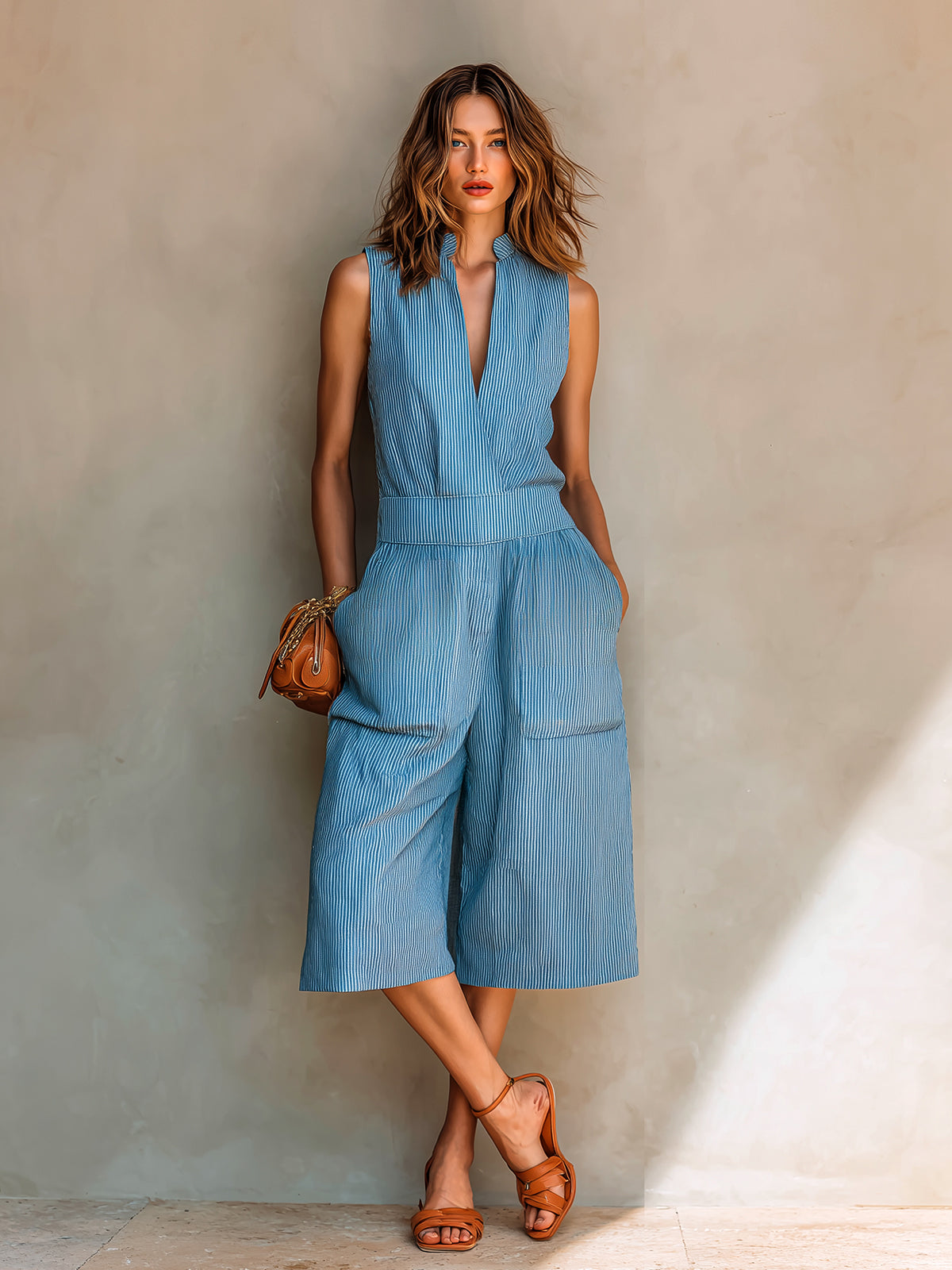 ElevenOra Chic Elegant Blue Stripes Cotton Linen Blend Stand-Collar V-Neck Sleeveless Patch Pockets Loose-Fit Cropped Jumpsuit