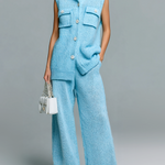 ElevenOra Chic Casual Blue Lapel Pocket Button Sleeveless Loose Ribbed Vest Wide-Leg Pants Knit Two-Piece Set