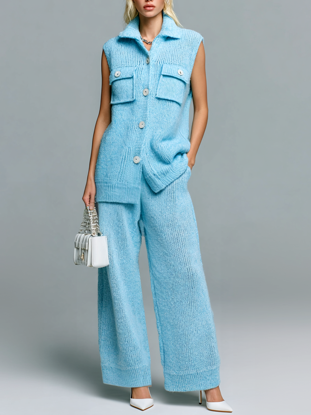 ElevenOra Chic Casual Blue Lapel Pocket Button Sleeveless Loose Ribbed Vest Wide-Leg Pants Knit Two-Piece Set