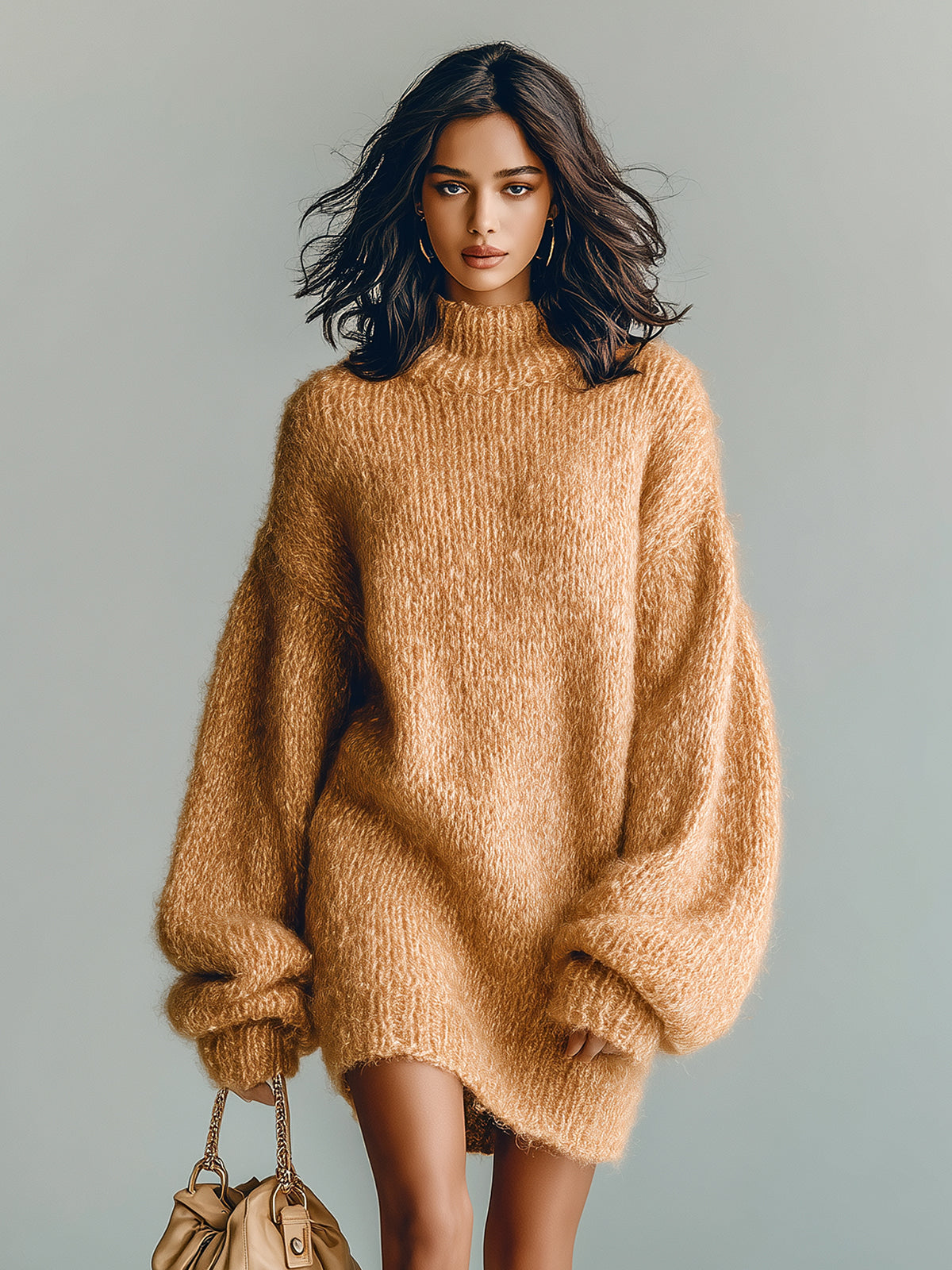ElevenOra Chic Casual Camel Mock Neck Long Sleeve Oversized Fuzzy Knit Mini Dress