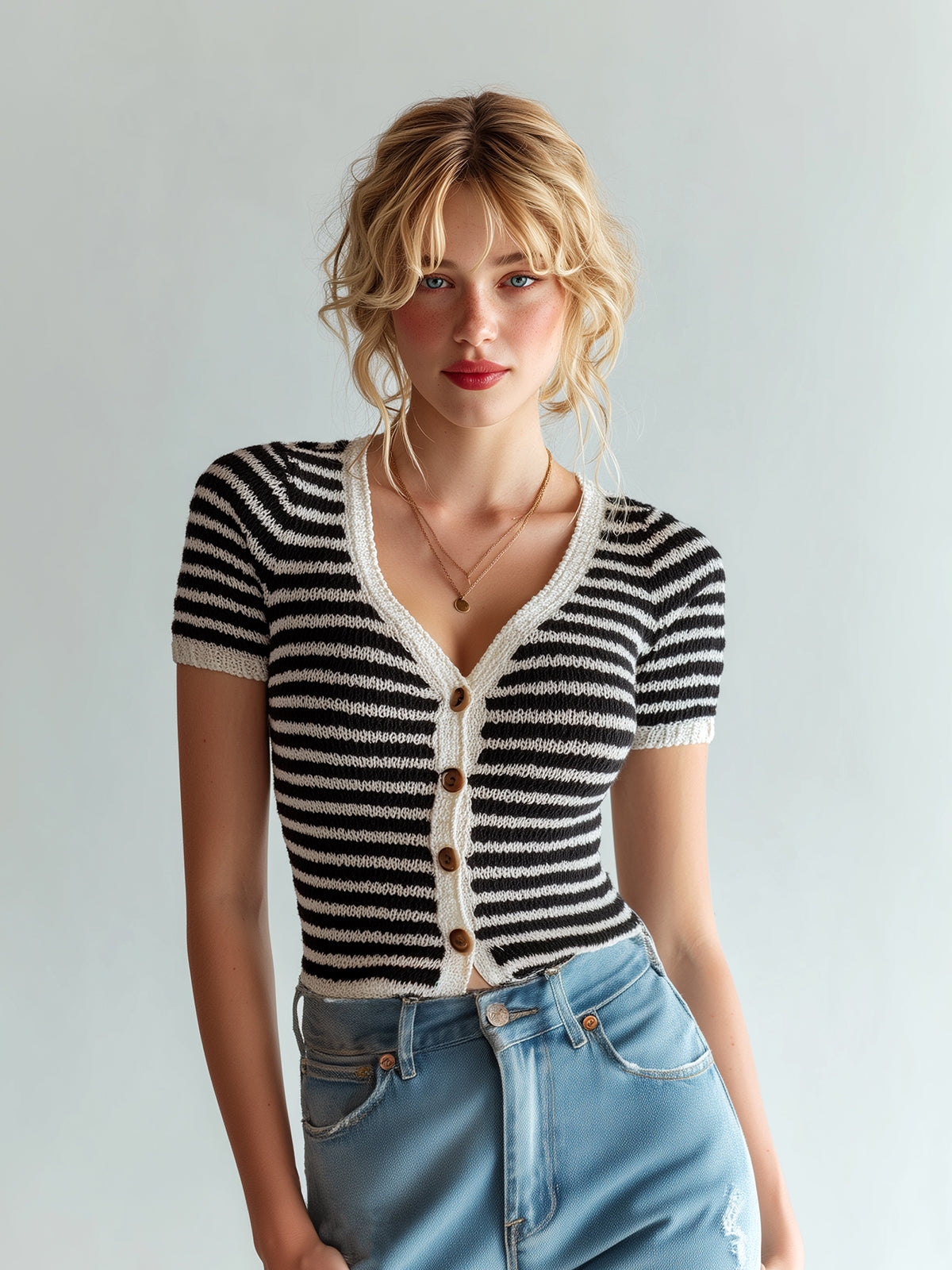 ElevenOra Chic Elegant Contrast Stripes V-Neck Single-Breasted Short-Sleeve Slim-Fit Knit Cardigan Top