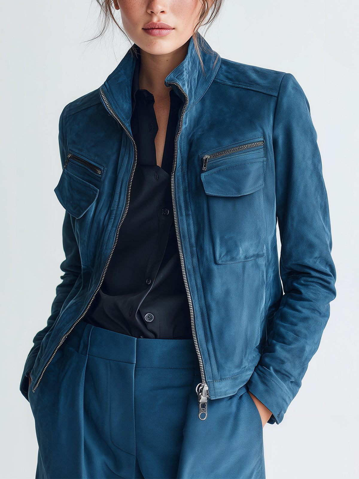 ElevenOra Chic Vintage Dark Blue Faux Suede Stand-Collar Zipper Utility-Pocket Cropped Biker Jacket