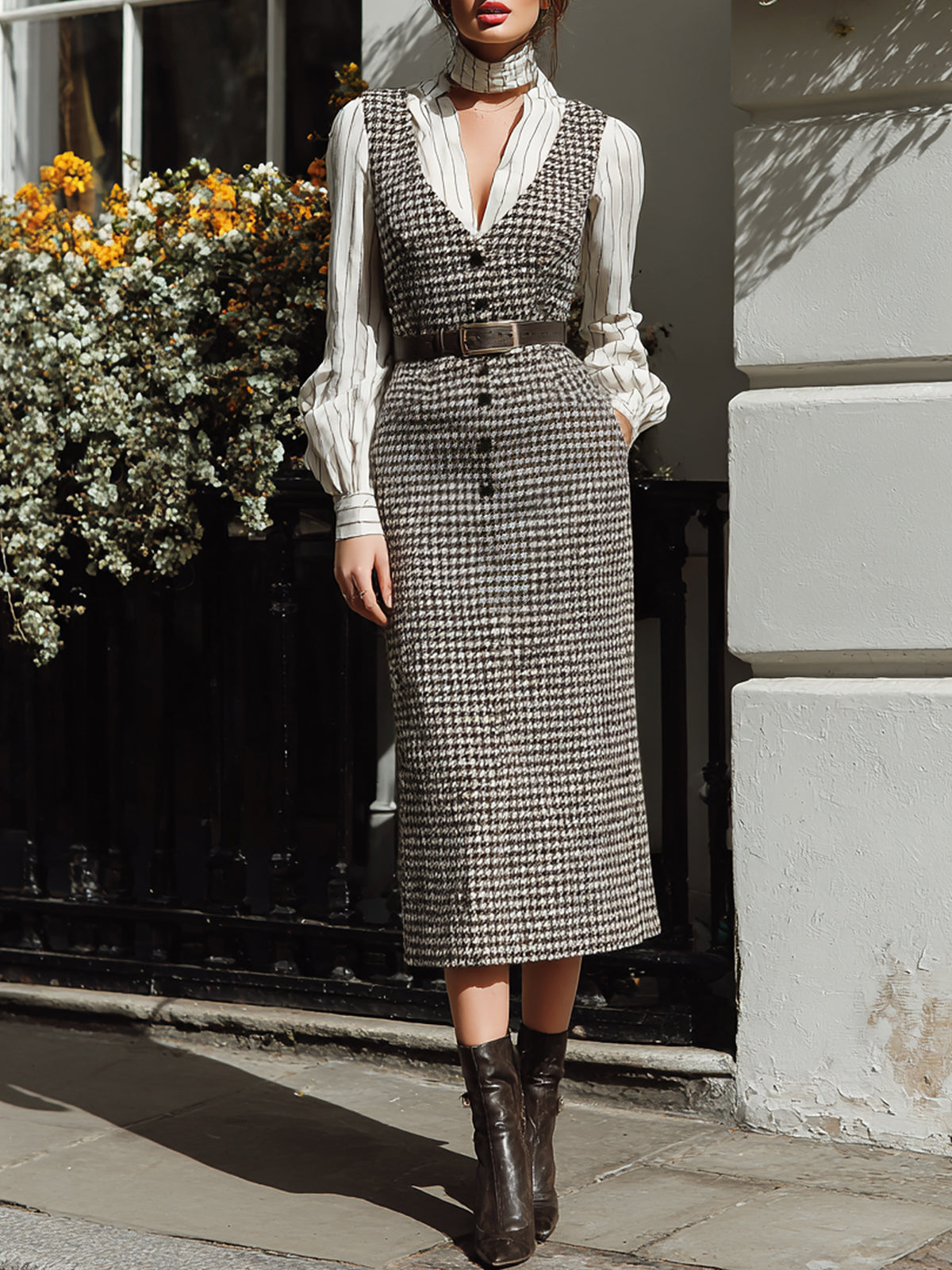 ElevenOra Chic Vintage Houndstooth Wool Blend V-Neck Belted Button-Front Slim-Fit Pinafore Bodycon Midi Dress