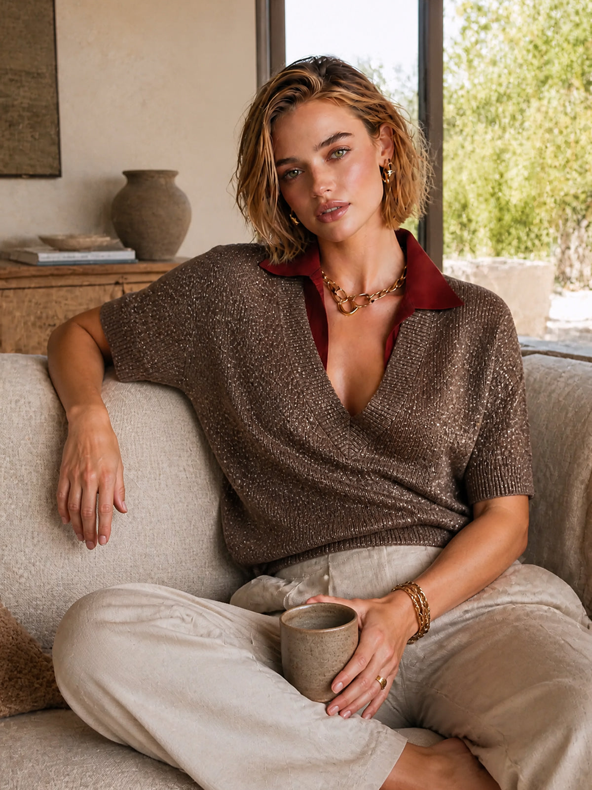ElevenOra Chic Brown V-Neck Half Sleeve Loose-Fit Knit Sweater Top Shirt Excluded