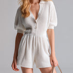 ElevenOra Chic Casual Cream White Button-Up Lapel Short-Sleeve Elastic Waist Ribbed Knit Romper