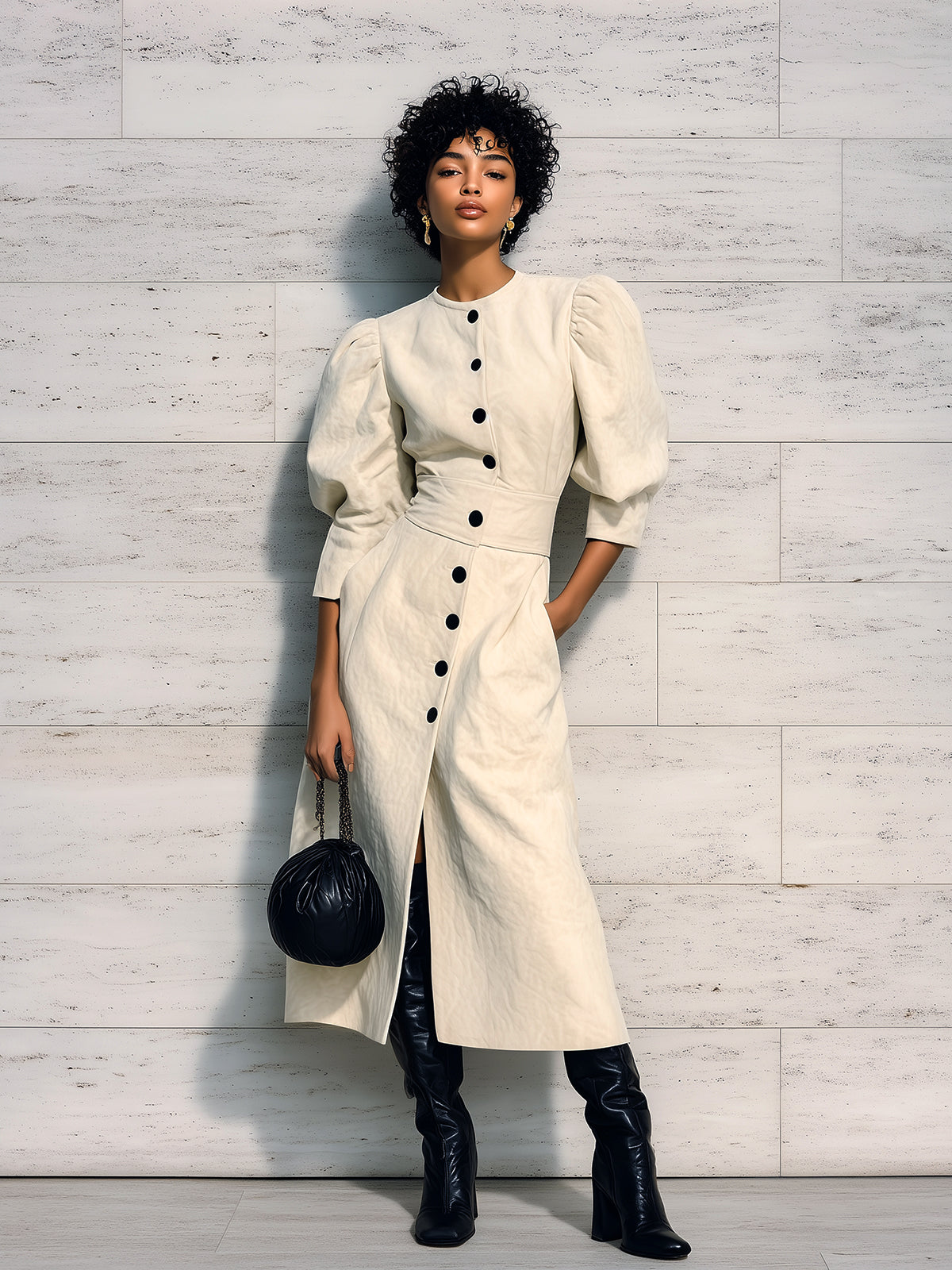 ElevenOra Chic Elegant Cream White Faux Suede Round Neck Single-Breasted Puff Sleeve Tailored Waist Slim-Fit Midi Dress
