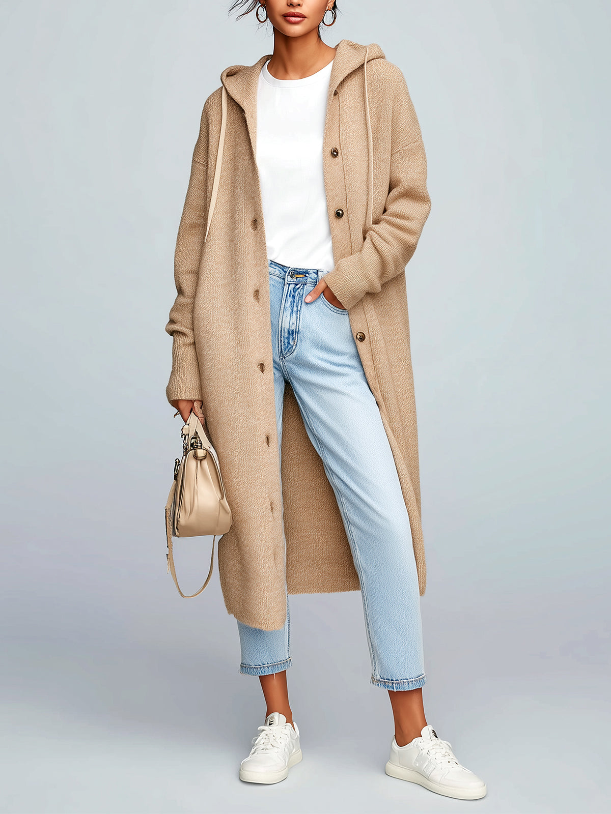 ElevenOra Chic Vintage Khaki Hooded Single-Breasted Maxi-Length Slouchy Knit Cardigan