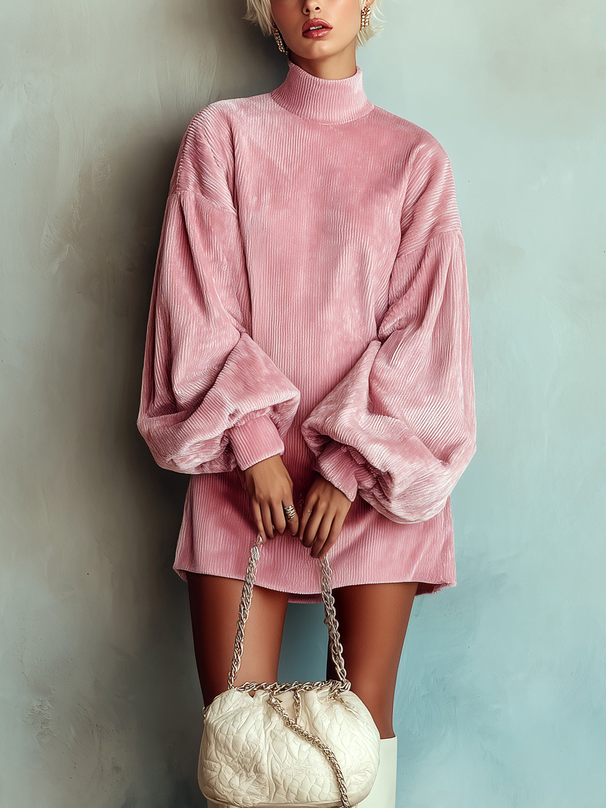 ElevenOra Chic Vintage Pink Corduroy Stand Collar Lantern Sleeve Loose Oversized Mini Dress