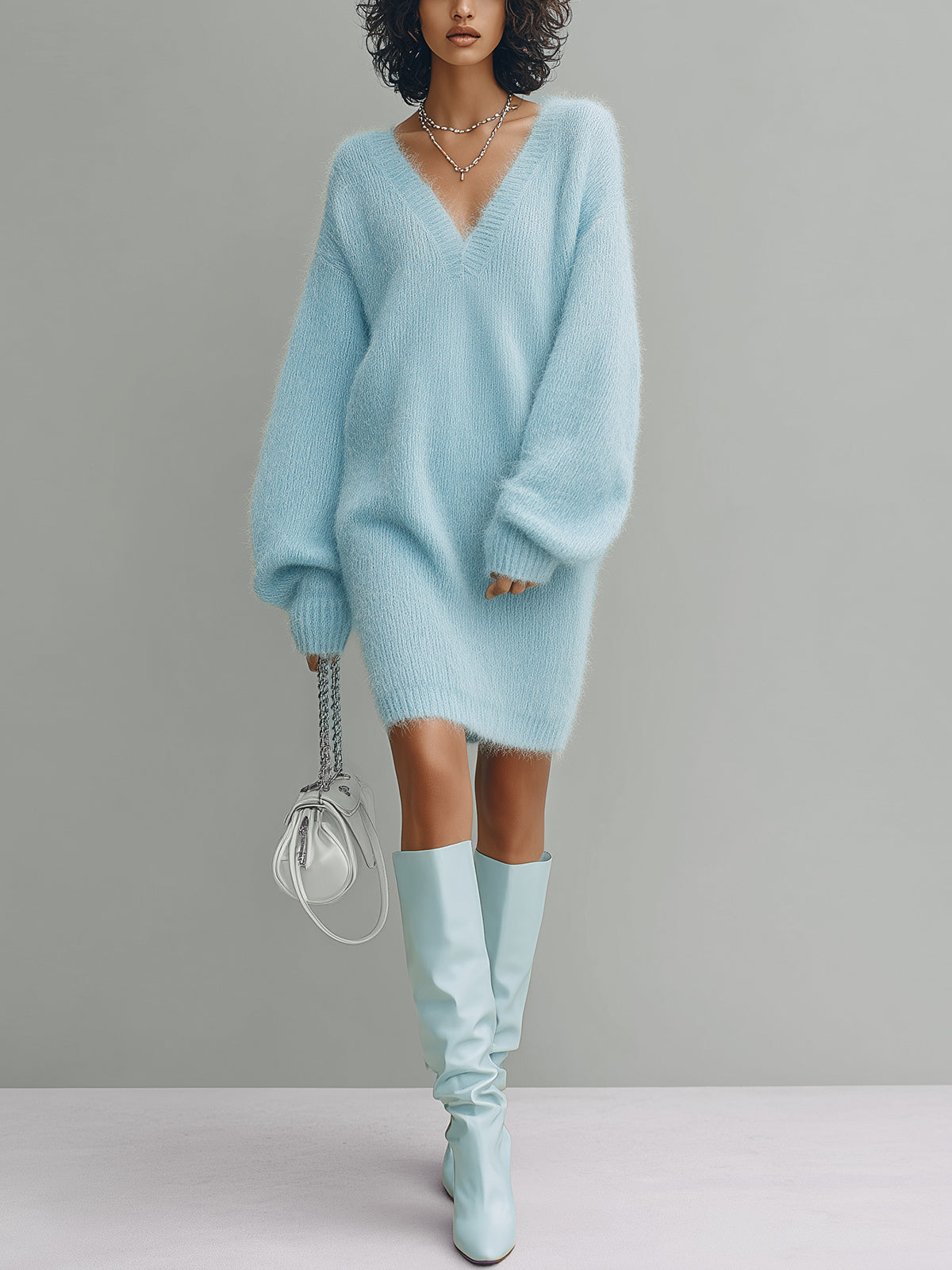 ElevenOra Chic Elegant Light Blue V-Neck Long Lantern Sleeve Oversize Fuzzy Knit Mini Dress
